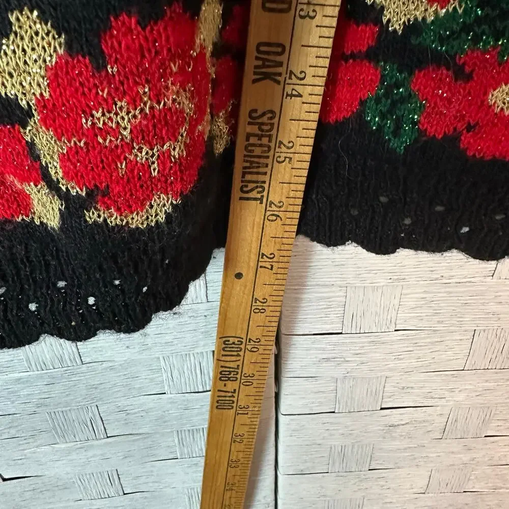 Dana Scott Christmas sweater black red‎ mock neck Robinson bows scallop hems